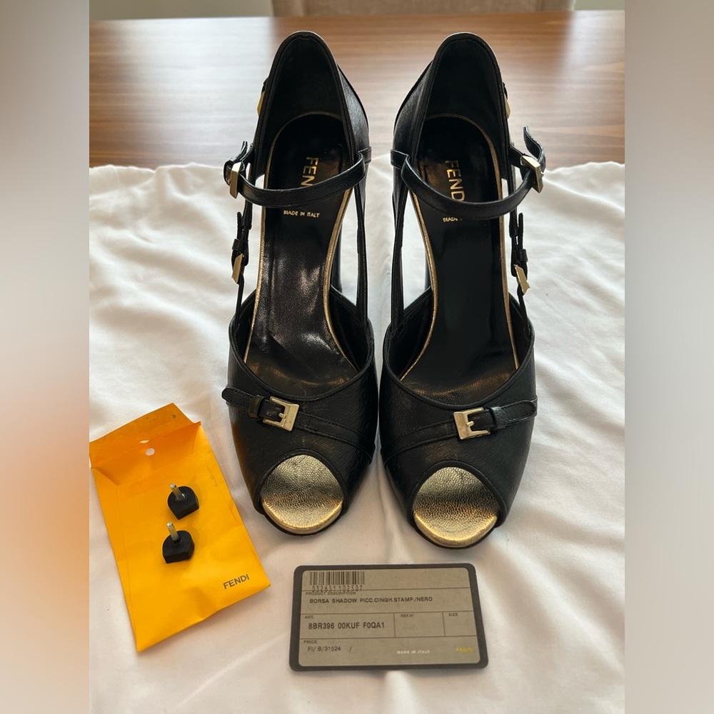Fendi black heels with gold metal details GORGEOUS